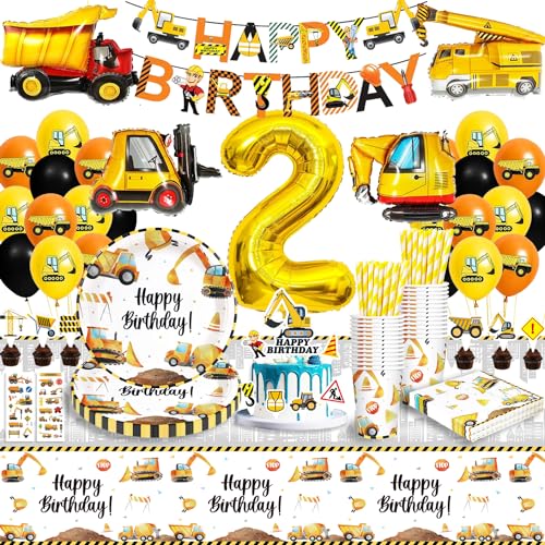 Bagger Geburtstag Deko 2 Jahre, Bagger Baustelle Partygeschirr Kindergeburtstag 2, Bagger Deko Kindergeburtstag 2, Bagger Luftballons Pappteller Tischdecke für Baustellen Geburtstagdeko 2, 16 Gäste von Eviznbou