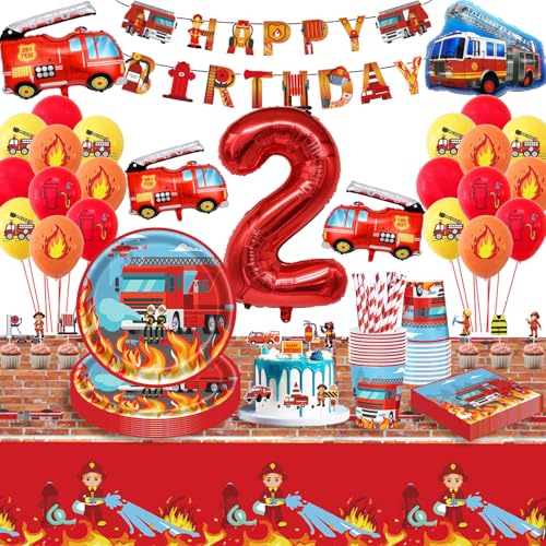 Feuerwehrauto Geburtstag Deko 2 Jahre - Partygeschirr Kindergeburtstag, Luftballons, Pappteller, Tischdecke für 16 Gäste Feuerwehrauto Geburtstag Deko 2 Jahre - Partygeschirr Kindergeburtstag, Luftballons, Pappteller, Tischdecke für 16 Gäste von Eviznbou