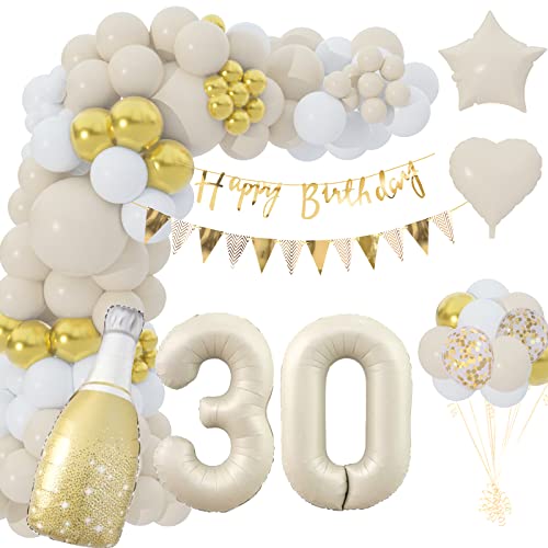 30 Geburtstag Deko, 30 Geburtstag Mädchen Junge, 30 Jahr Geburtstagdeko, Happy Birthday Girlande Ballon Beige Gold Deko, Deko 30. Geburtstag Luftballons für Birthday Party Deko von Eviznbou