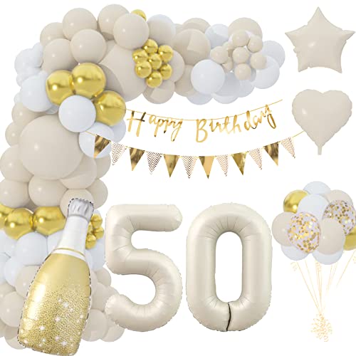 50 Geburtstag Deko, 50 Geburtstag Mädchen Junge, 50 Jahr Geburtstagdeko, Happy Birthday Girlande Ballon Beige Gold Deko, Deko 50. Geburtstag Luftballons für Birthday Party Deko von Eviznbou