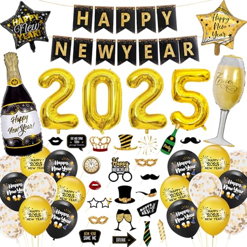 Silvester Deko 2025 Dekoration Set, Neujahr Silvesterdeko, Happy New Year Girlande, Fotorequisiten Schwarz Gold Luftballons Zahlen Folienballon Silvester Deko 2025 Dekoration Set, Neujahr Silvesterdeko, Happy New Year Girlande, Fotorequisiten Schwarz Gold Luftballons Zahlen Folienballon von Eviznbou