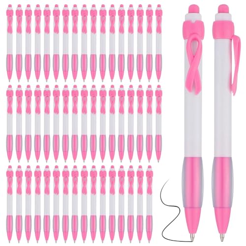 Evliery 50 Stück Pink Ribbon Pens Bulk, Schwarze Tinte, Einziehbare Kugelschreiber für Bürobedarf, Frauen, Mädchen, Geschenk, Rosa von Evliery