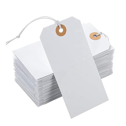 Evvmnaks 100 Stück Hängeetiketten aus perforierter Baumwolle mit Gummiband. Hergestellt aus Kartonpapier, Etiketten dienen zum Ordnen und Ordnen von Gegenständen, mit Nummernschildnummern von Evvmnaks