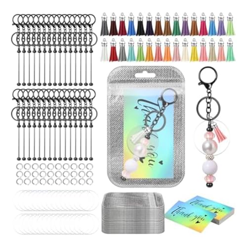 Evzvwruak Set mit 30 Perlen-Schlüsselanhängern, DIY-Schlüsselanhänger, blanko, Quaste, wiederverschließbare Tasche, holografische Dankeskarte, DIY von Evzvwruak