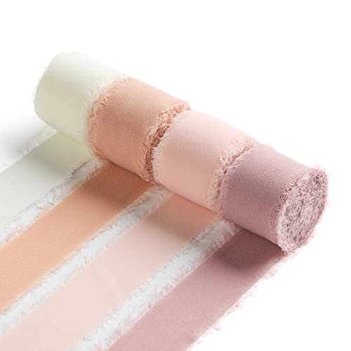 Chiffon-Seidenband, handgefertigt, 2,5 cm x 4,5 m pro Rolle, mit ausgefransten Kanten, zum Verpacken von Geschenken, Hochzeitsdekoration, Brautsträußen, 4 Rollen von Ewaymado