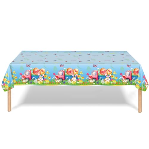 Oster-Tischdecke, 130 x 220 cm, Osterdekoration, blaue und farbige Haseneier, Party-Tischdecke, rechteckige Oster-Tischdecke, Einweg-Kunststoff-Tischdecke für Ostern, Partyzubehör von Ewlpi