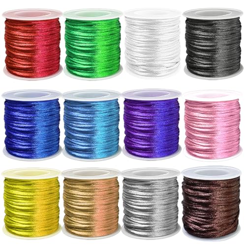 Ewpart 12 Rollen 2mm Nylon Schnur für Armbänder Nylonschnur für Armbänder, Schmuck, Rattail Satin Schnur für Kumihimo, Perlen, Lanyard, Halskette, Schlüsselanhänger, Makrame, Flechten Seidenseil von Ewparts