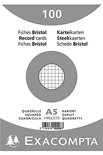 Exacompta 10208E Karteikarten (Packung mit 100, 250g, in Folie eingeschweißt, DIN A5, 14,8 x 21 cm, kariert, ideal für die Schule) 1er Pack weiß von Exacompta