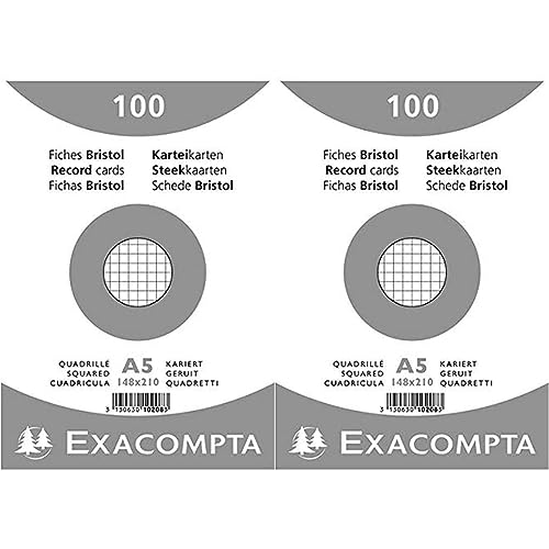 Exacompta 10208E Karteikarten (Packung mit 100, 250g, in Folie eingeschweißt, DIN A5, 14,8 x 21 cm, kariert, ideal für die Schule) 2er Pack weiß von Exacompta