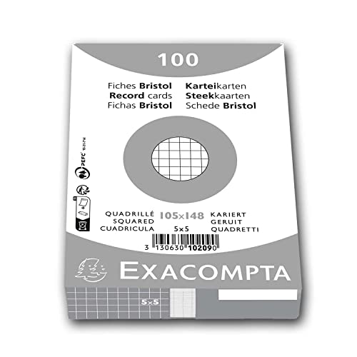Exacompta 10209E Karteikarten (Packung mit 100, 250g, in Folie eingeschweißt, DIN A6, 10,5 x 14,5 cm, kariert, ideal für die Schule) 1er Pack weiß von Exacompta