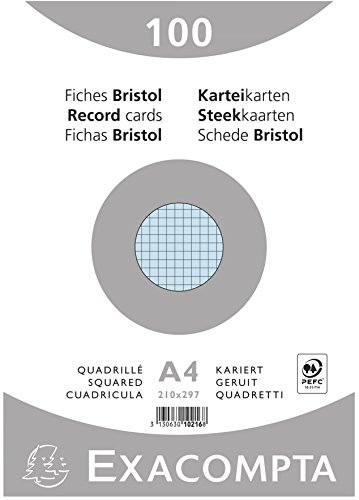 Exacompta 10216E Karteikarten (Packung mit 100, 250g, in Folie eingeschweißt, DIN A4, 21 x 29,7 cm, kariert, ideal für die Schule) 1er Pack blau von Exacompta