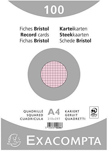 Exacompta 10236E Karteikarten (Packung mit 100, 250g, in Folie eingeschweißt, DIN A4, 21 x 29,7 cm, kariert, ideal für die Schule) 1er Pack rosa von Exacompta