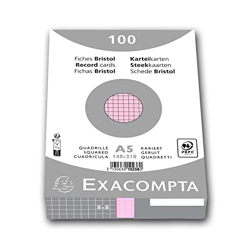 Exacompta 10238E Karteikarten (Packung mit 100, 250g, in Folie eingeschweißt, DIN A5, 14,8 x 21 cm, kariert, ideal für die Schule) 1er Pack rosa von Exacompta