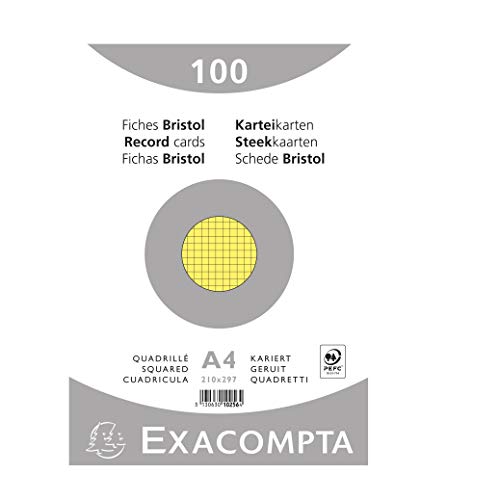 Exacompta 10256E Packung mit 100 Karteikarten kariert DIN A4, 205g, ideal für die Schule, eingeschweißt, Gelb von Exacompta