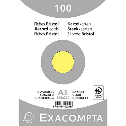 Exacompta 10258E Packung mit 100 Karteikarten kariert DIN A5, 205g, ideal für die Schule, eingeschweißt, Gelb von Exacompta