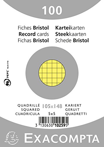 Exacompta 10259E Karteikarten (Packung mit 100, 250g, in Folie eingeschweißt, DIN A6, 10,5 x 14,5 cm, kariert, ideal für die Schule) 1er Pack gelb von Exacompta