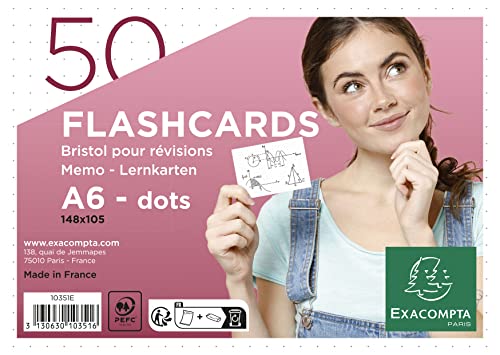 Exacompta 10351E 50er Pack Karteikarten gepunkted DIN A6 ideal für die Schule, zum Lernen von Vokabeln Flashcards Memo Lernkarten Lernkartei 148 x 105 mm weiß von Exacompta
