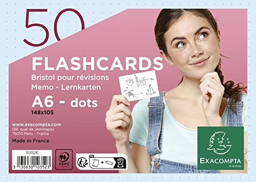 Exacompta 10352E 50er Pack Karteikarten gepunkted DIN A6 ideal für die Schule, zum Lernen von Vokabeln Flashcards Memo Lernkarten Lernkartei 148 x 105 mm blau von Exacompta