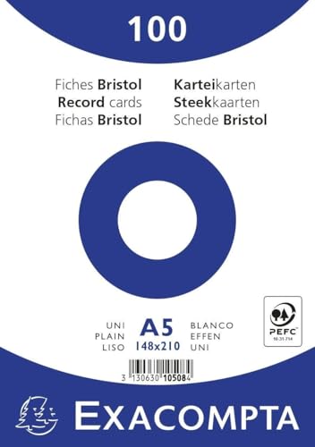 Exacompta 10508E 100er Pack Karteikarten blanko DIN A5 in Folie eingeschweißt 14,8 x 21 cm ideal für die Schule und Universität zum Lernen weiß von Exacompta