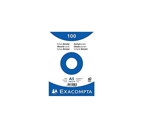 Exacompta 10508E Karteikarten (Packung mit 100, 250g, in Folie eingeschweißt, DIN A5, 14,8 x 21 cm, blanco, ideal für die Schule) 1er Pack weiß von Exacompta