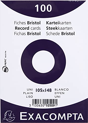 Exacompta 10509E Karteikarten 100er Pack 250g, in Folie eingeschweißt ideal für die Schule DIN A6, 105 x 148 mm, weiß (blanco) von Exacompta