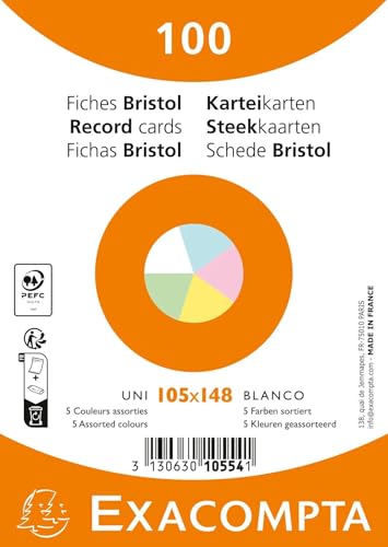 Exacompta 10554E Karteikarten, ungelocht, ungelocht, foliert, für Tintenstrahldrucker, Laser- und Kopierer, 105 x 148 mm, verschiedene Farben, 100 Stück Exacompta 10554E Karteikarten, ungelocht, ungelocht, foliert, für Tintenstrahldrucker, Laser- und Kopierer, 105 x 148 mm, verschiedene Farben, 100 Stück von Exacompta
