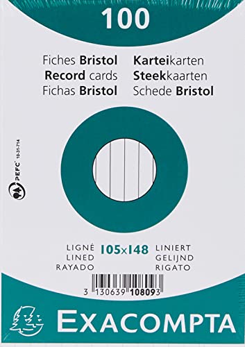 Exacompta 10809SE 100er Karteikarten liniert DIN A6 in Folie eingeschweißt 105 x 148 mm ideal für die Schule und Universität zum Lernen weiß von Exacompta