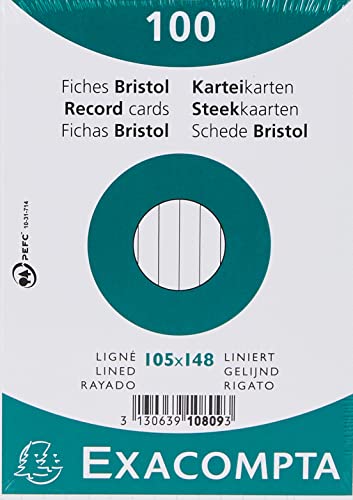 Exacompta 10809SE Karteikarten (Packung mit 100, 250g, in Folie eingeschweißt, DIN A6, 10,5 x 14,5 cm, liniert, ideal für die Schule) 1er Pack weiß von Exacompta