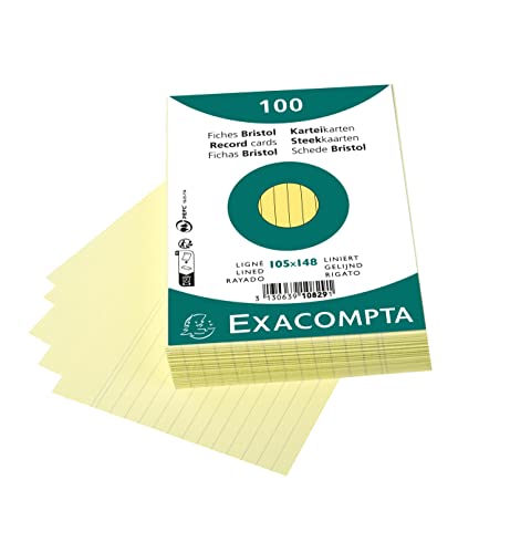 Exacompta 10829SE Karteikarten (Packung mit 100, 250g, in Folie eingeschweißt, DIN A6, 10,5 x 14,5 cm, liniert, ideal für die Schule) 1er Pack gelb von Exacompta