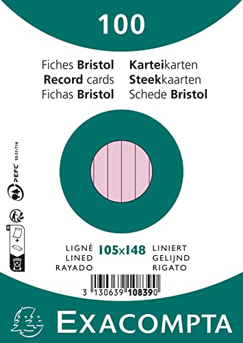 Exacompta 10839SE Karteikarten (Packung mit 100, 250g, in Folie eingeschweißt, DIN A6, 10,5 x 14,5 cm, liniert, ideal für die Schule) 1er Pack rosa von Exacompta