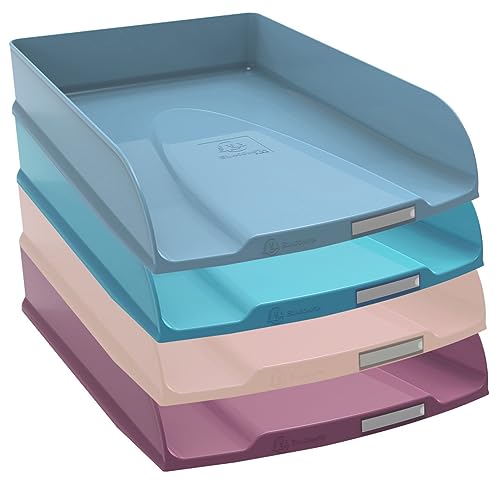 Exacompta 111606SETD 4er Pack Briefablage Combo STYLI Skandi aus Recycling-Kunststoff DIN A4+. Ideale Briefkörbe für Ihre Organisation. Stapelbare Ablagekörbe Blauer Engel farbig sortiert von EXACOMPTA