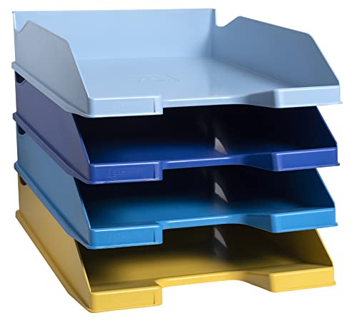 Exacompta 113202SETD 4er Pack Briefablage BeeBlue aus Recycling-Kunststoff DIN A4. Ideale Briefkörbe für Ihre Organisation. Stapelbare Ablagekörbe farbig sortiert Blauer Engel Combo Midi von Exacompta