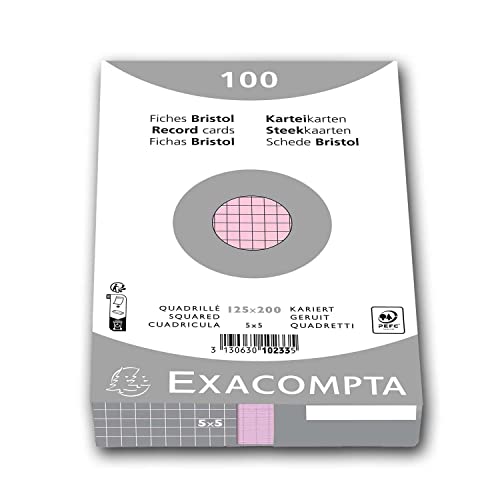Exacompta - Ref 10233E Karteikarten, kariert, 125 x 200 mm, 205 g/m², kompatibel mit Druckern, geeignet für Prüfungsüberarbeitung und Notizen, Rosa, 100 Stück von Exacompta