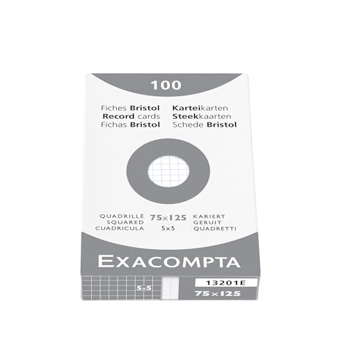 Exacompta 13201E Karteikarten, kariert, 5x5, ungelocht, Format 75 x 125 mm, für Tintenstrahldrucker, Laserdrucker und Kopierer, Weiß, 10 Packungen à 100 Stück von Exacompta