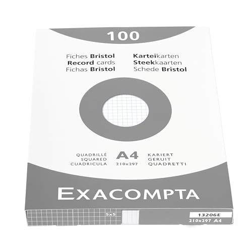 Exacompta 13206E Packung (mit 100 Karteikarten, ungelocht, DIN A4, 21 x 29,7 cm, 205 g, kariert, ideal für die Schule) 1er Pack weiß von Exacompta