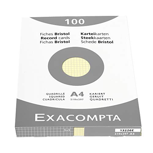 Exacompta 13226E Packung (mit 100 Karteikarten, ungelocht DIN A4, 210 x 297 mm, 205 g, kariert, ideal für die Schule) 1er Pack gelb von Exacompta