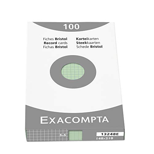 Exacompta 13248E Packung (mit 100 Karteikarten, ungelocht DIN A5, 148 x 210 mm, 205 g, kariert, ideal für die Schule) grün von Exacompta