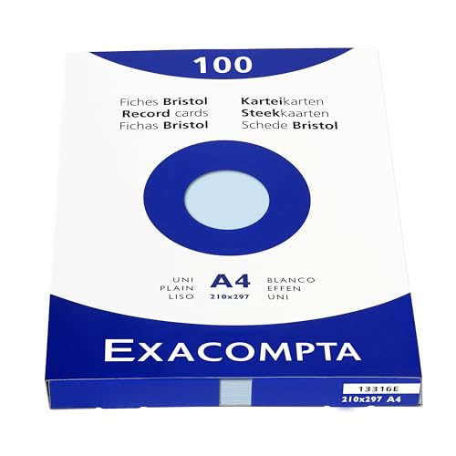 Exacompta 13316E Packung (mit 100 Karteikarten, ungelocht DIN A4, 210 x 297 mm, 205 g, blanko, ideal für die Schule) 1er Pack azurblau von Exacompta