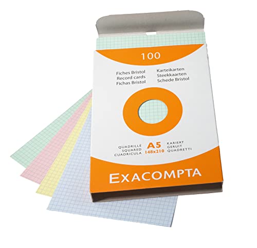 Exacompta 13378E Karteikarten (205q/qm Karton, holzfrei, DIN A5, kariert, ungelocht) 100er Pack gemischte Farben von Exacompta