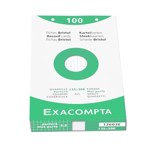 Exacompta 13603E Karteikarten, kariert, 5 x 5, gelocht, 125 x 200 mm, für Tintenstrahldrucker, Laserdrucker und Kopierer, Weiß, 12 Packungen à 100 Stück von Exacompta