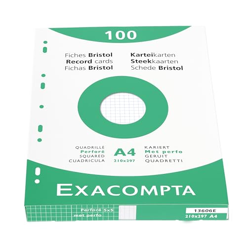 Exacompta 13606E Karteikarten (205q/qm Karton, holzfrei, DIN A4, kariert, gelocht) 100er Pack weiß von Exacompta