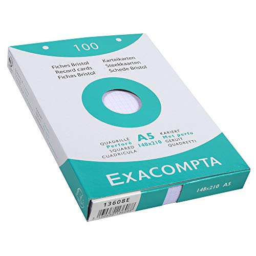Exacompta 13608E Karteikarten (205q/qm Karton, holzfrei, DIN A5, kariert, gelocht) 100er Pack weiß von Exacompta