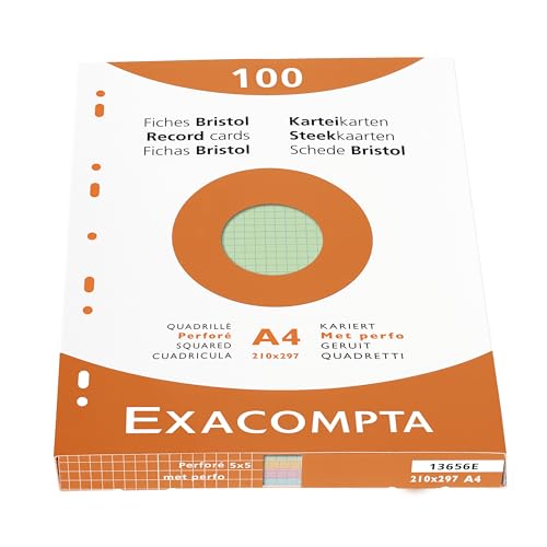 Exacompta 13656E Karteikarten (205q/qm Karton, holzfrei, DIN A4, kariert, gelocht) 100er Pack gemischte Farben von Exacompta