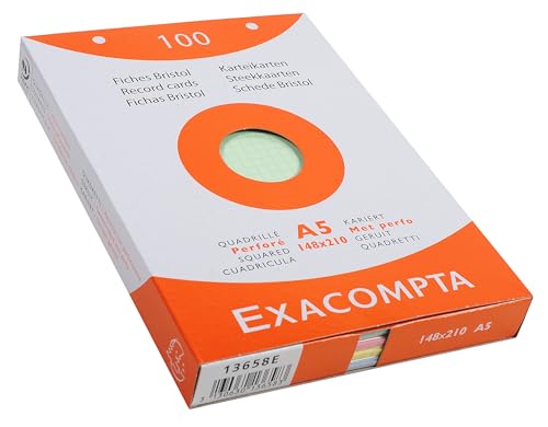 Exacompta 13658E Karteikarten (205q/qm Karton, holzfrei, DIN A5, kariert, gelocht) 100er Pack gemischte Farben von Exacompta