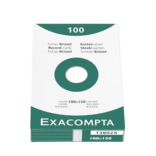 Exacompta 13802X Karteikarten, liniert, ungelocht, 100 x 150 mm, für Tintenstrahldrucker, Laser- und Kopierer, 10 Packungen à 100 Stück, weiß von Exacompta