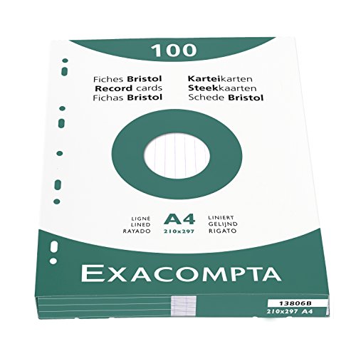 Exacompta 13806B Packung (mit 100 Karteikarten, ungelocht, DIN A4, 210 x 297 mm, 205 g, liniert, ideal für die Schule) 1er Pack weiß von Exacompta