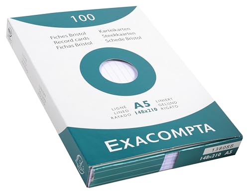 Exacompta 13808B Karteikarten, liniert, ungelocht, 148 x 210 mm, 10 Packungen à 100 Stück, weiß von Exacompta