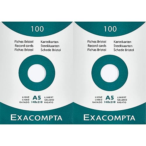 Exacompta 13808B Packung (mit 100 Karteikarten, ungelocht, DIN A5, 148 x 210 mm, 205 g, liniert, ideal für die Schule) 2er Pack weiß von Exacompta