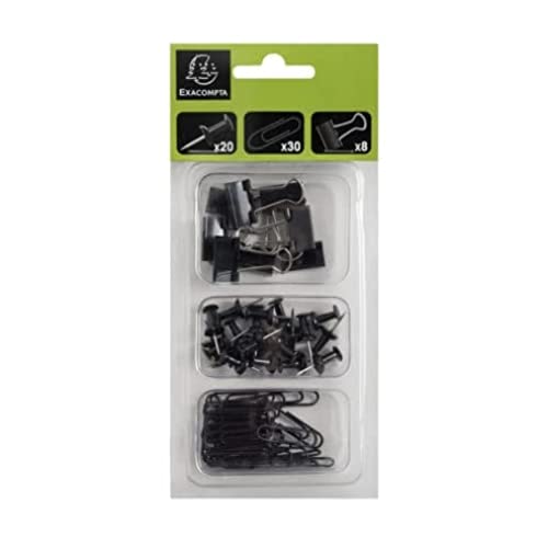 Exacompta 14851E Iderama Set aus 20 Pinnadeln, 30 Büroklammern und 8 Doppelclips aus Metall, in einer dreigeteilten Kunststoffschachtel, schwarz, ideal für Dokumente, Pinnwände von Exacompta