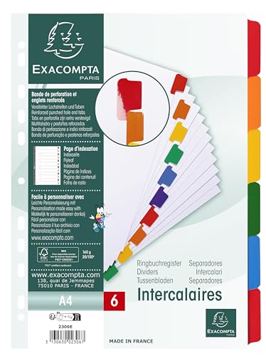 Exacompta 2306E Karton-Register Weiß für DIN A4 aus starkem Karton 6-teilig volle Höhe 22 x 29,7 cm weiße Blätter 6 farbige und verstärkte Taben zur Ablage von Prospekthüllen Trennblätter Exacompta 2306E Karton-Register Weiß für DIN A4 aus starkem Karton 6-teilig volle Höhe 22 x 29,7 cm weiße Blätter 6 farbige und verstärkte Taben zur Ablage von Prospekthüllen Trennblätter von Exacompta